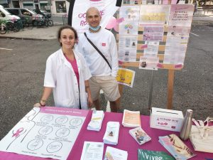 Photo du stand CHO + Ligue contre le cancer pour la marche Orthez en Rose, 2022